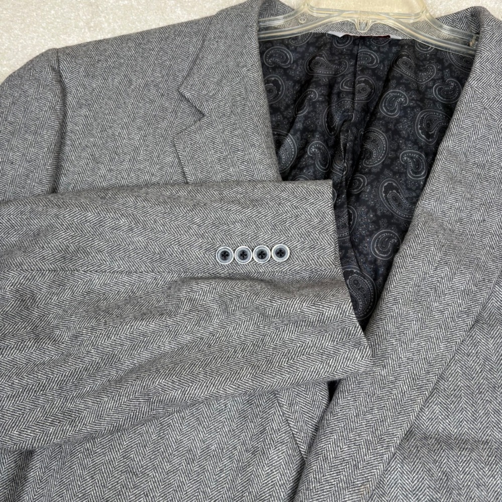 Samuelsohn Greenwich Mens 60R Gray Herringbone 100% Wool 2 Button Blazer Coat